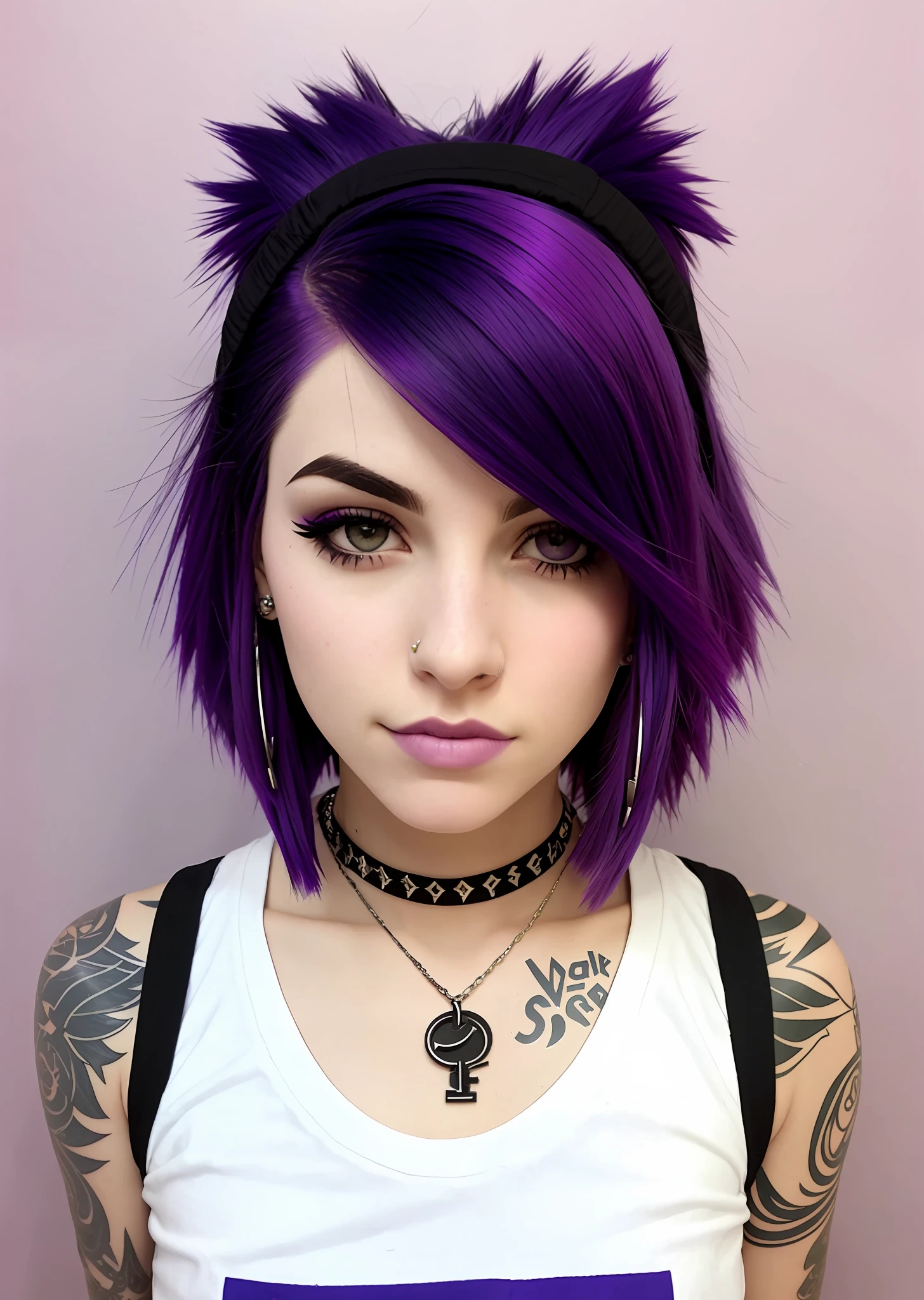 Alt emo college girl, purple hair cropped short on one side, nose ring, eyebrow piercing, undercut, fade haircut, asymmetrical hair, casual pose, portrait