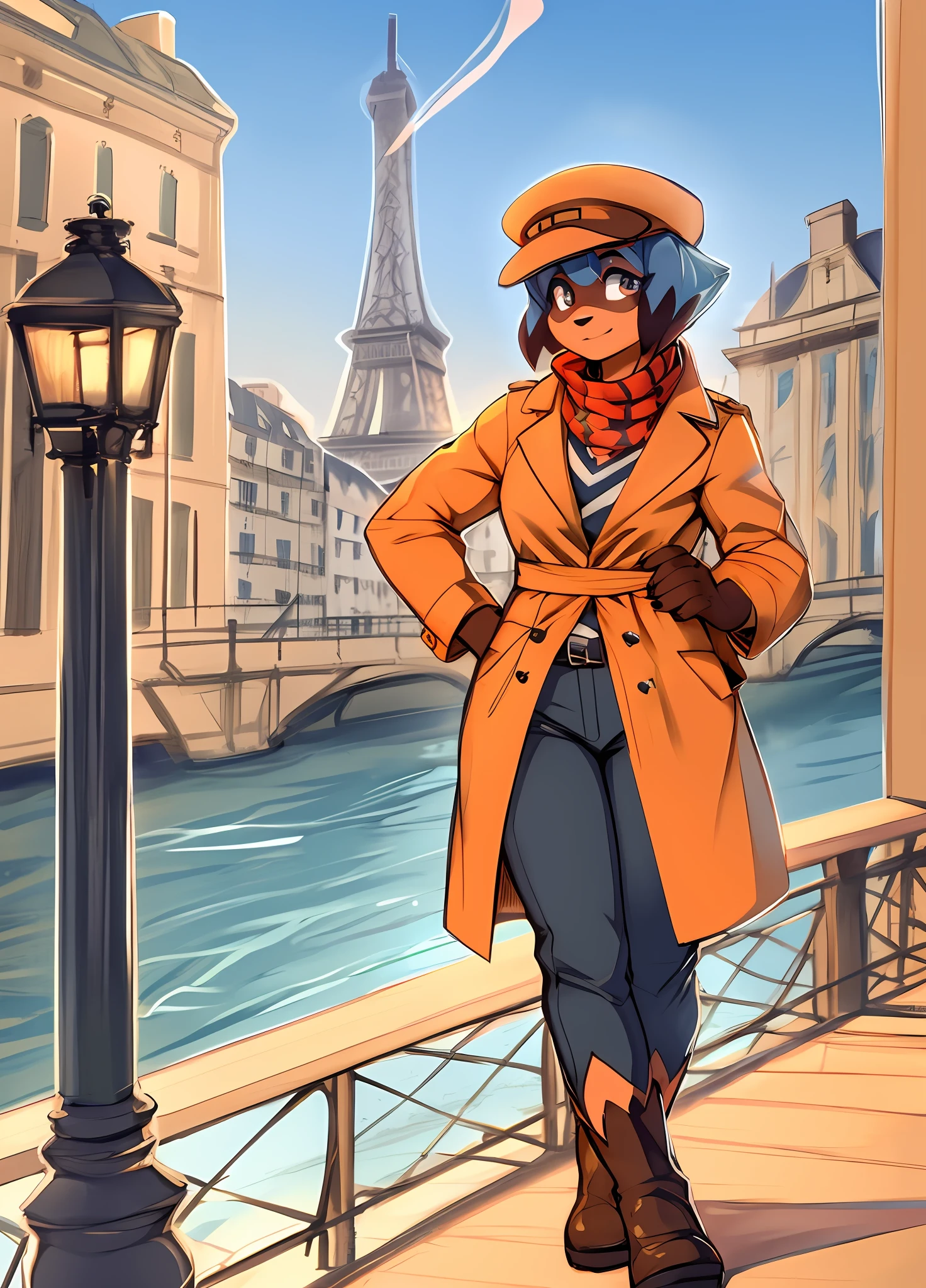 Sketch of female solo Michiru Kagemori by zackary911 wearing clothes sunlit people in background, visible Paris Eiffel tower in background Smiling scenic daytime, fox tail, trench coat, flat cap, scarf short pencil drawn sketch colored, blue khakis, medium height, black boots, Cigarette, smoking, Seine river, leaning against lampost, midday