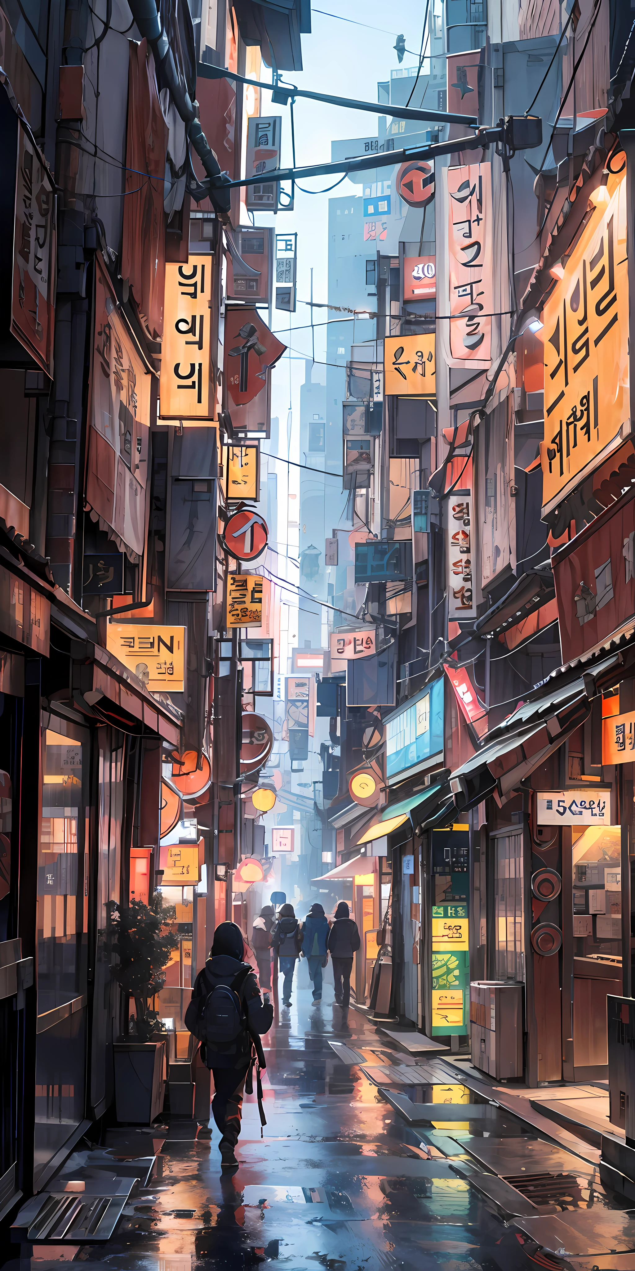  союзник в Сеуле, Киберпанк-город из научно-фантастического фильма, пустая улица, Корейский, Корейский signs, сложный, высокое качество, ультра детализация, сумасшедшая деталь, 8К