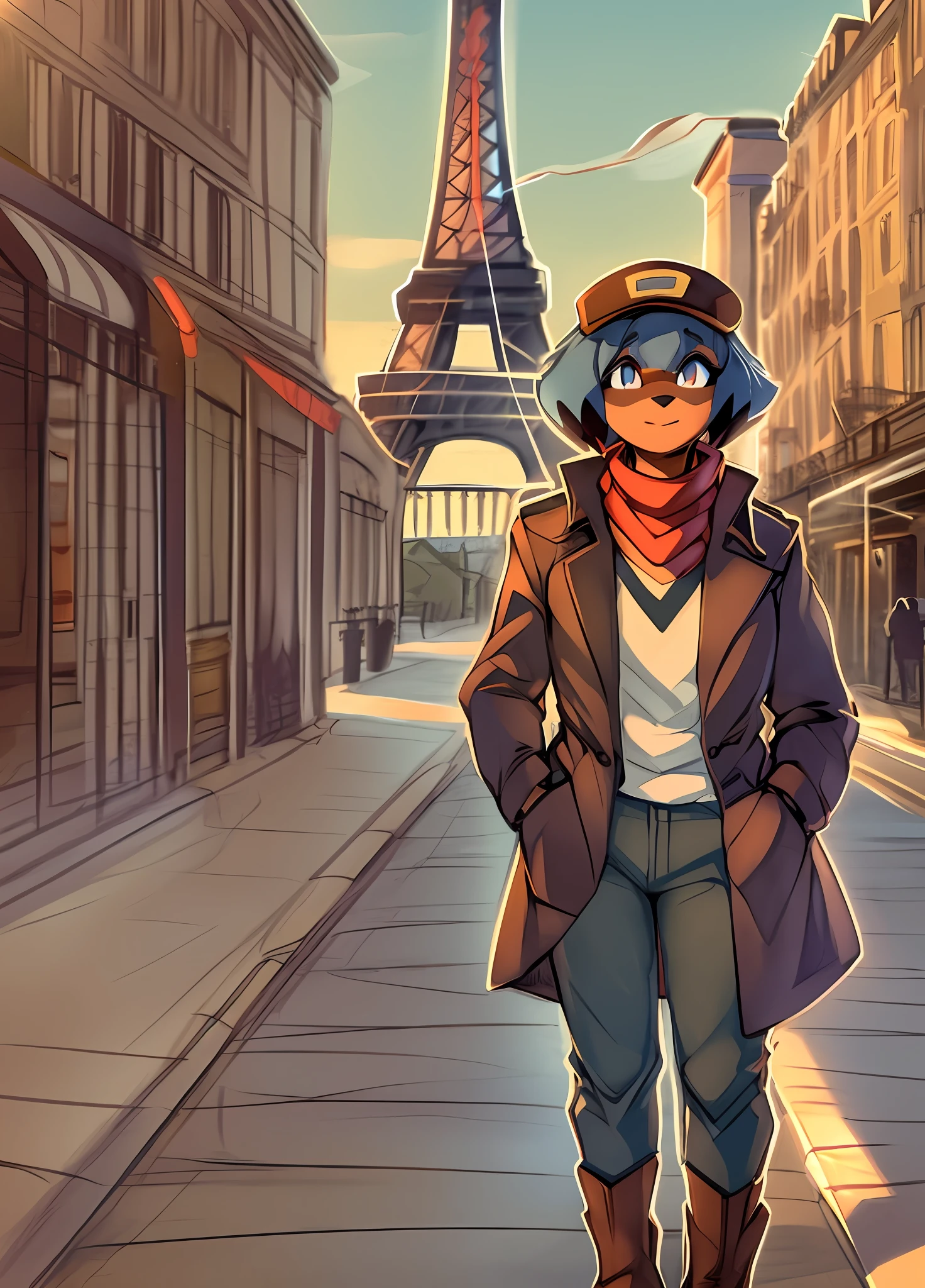 Sketch of female solo Michiru Kagemori by zackary911 wearing clothes sunlit people in background, visible Paris Eiffel tower in background Smiling scenic daytime, fox tail, trench coat, flat cap, scarf short pencil drawn sketch colored, blue khakis, medium height, black boots, Cigarette, smoking, Seine river, leaning against lampost, midday