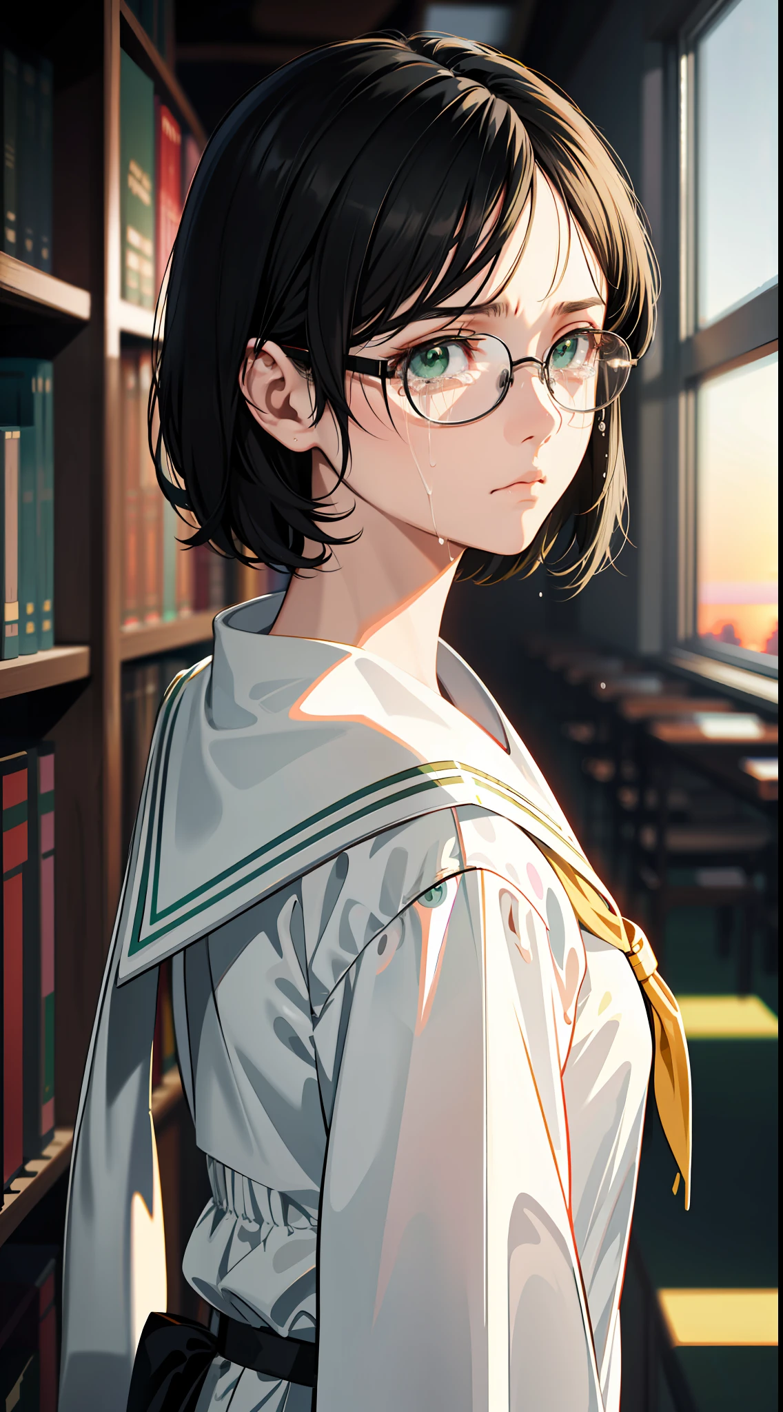 Anime Reference 86, school, atmosphere, alone, woman, girl, green eyes, (very short black hair), (round glasses), general uniform, white sailor suit, realistic face details, realism, 3D face, pretty face, (library), sunset light, (((sad expression)), crying face,