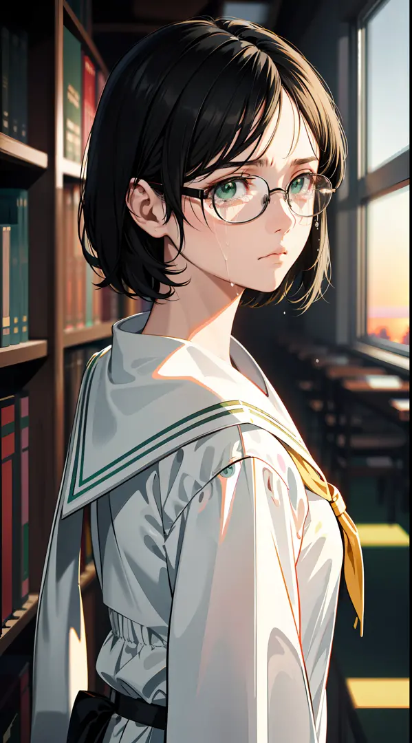 Anime Reference 86, school, atmosphere, alone, woman, girl, green eyes, (very short black hair), (round glasses), general unifor...