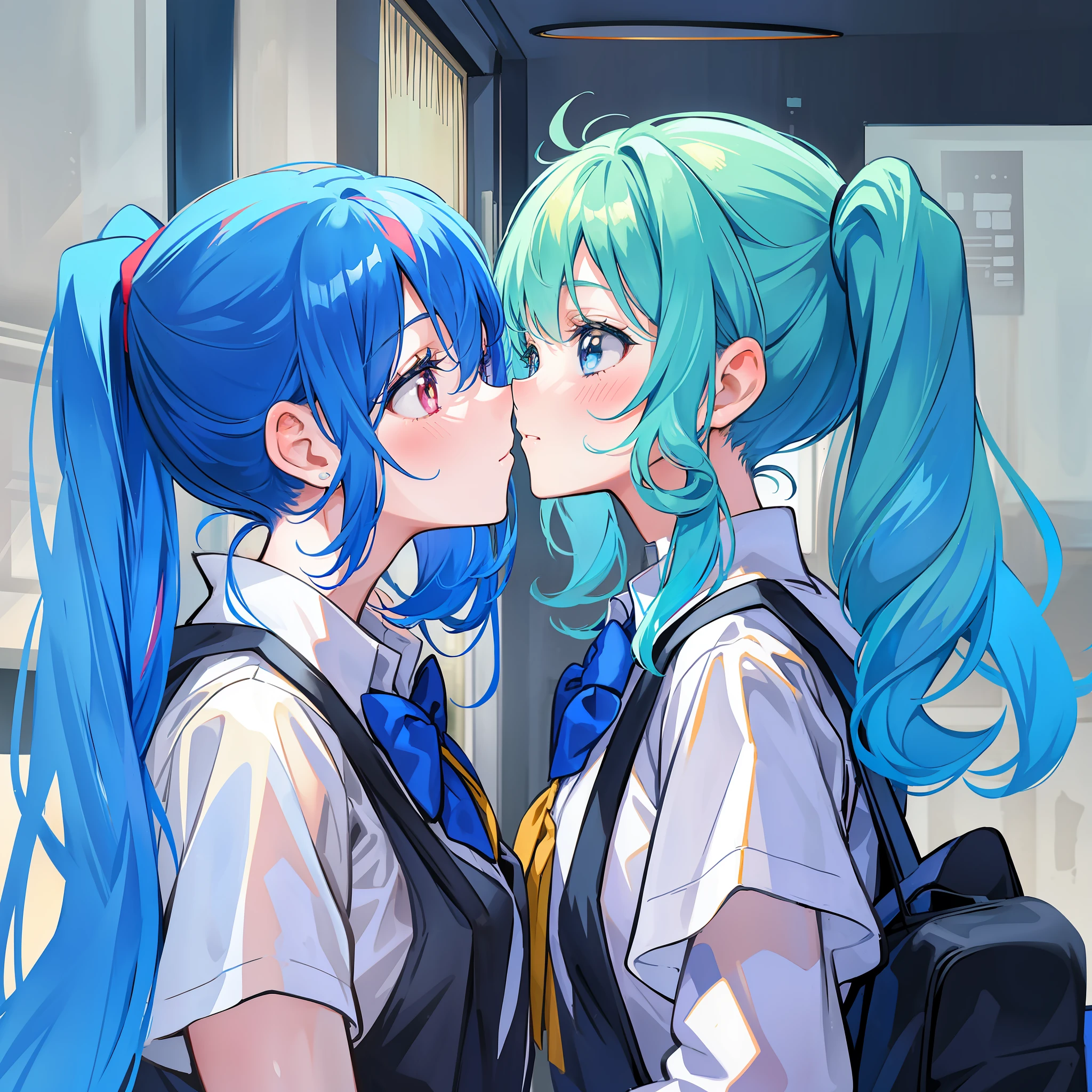 Anime - style image of two young women kissing in front of a window -  SeaArt AI