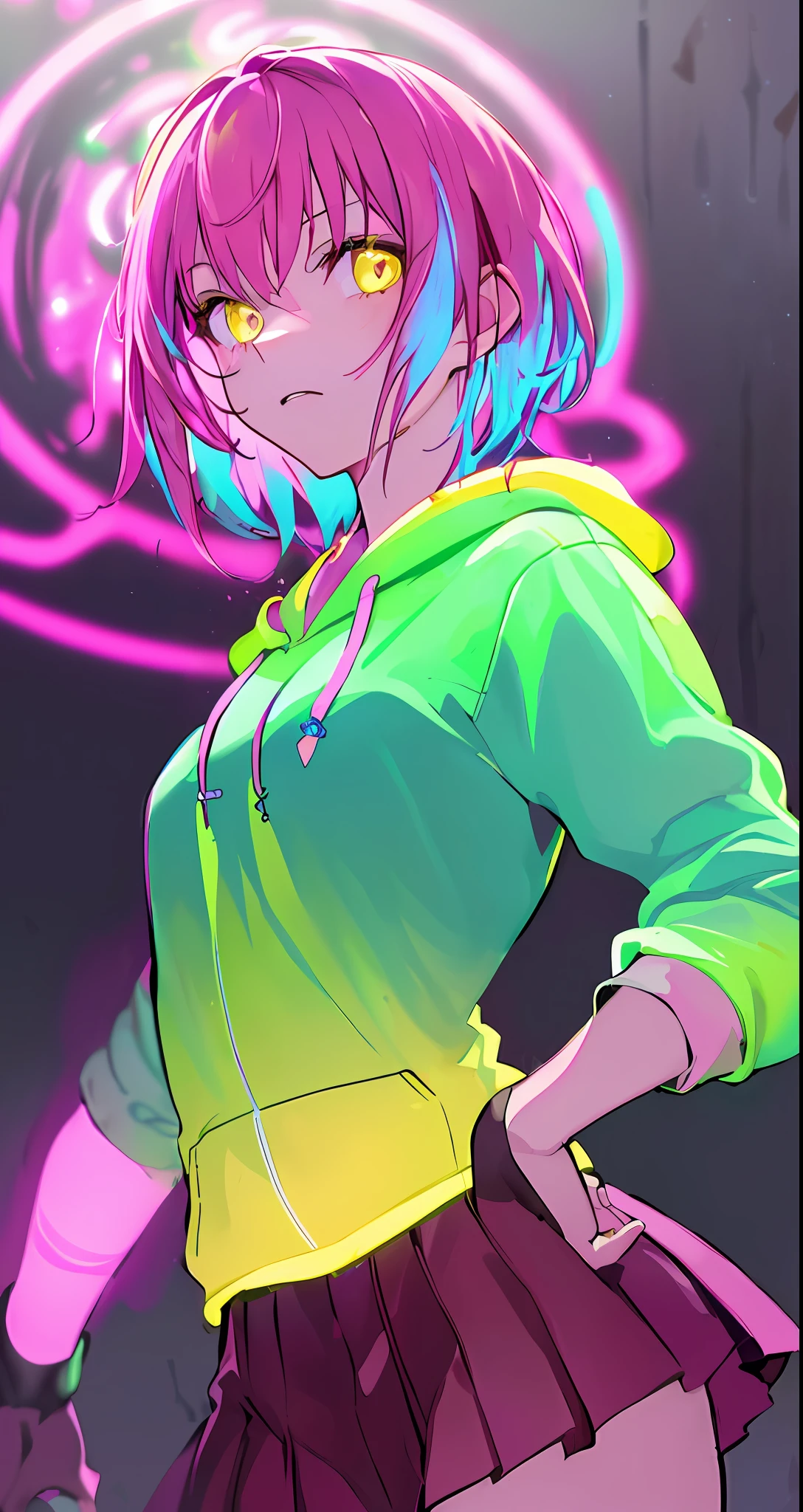 (masterpiece, best quality:1.2), illustration, realistic, absurd, (((bloom, glow, neon))), high contrast, depth of field, dynamic lighting, night, darkness, 1girl, solo, cute, slender, small breasts, delicate facial features, Hip-Hop, pink short hair,  yellow hoodie, pink skirt, yellow eyes, splash paint, graffiti on the wall