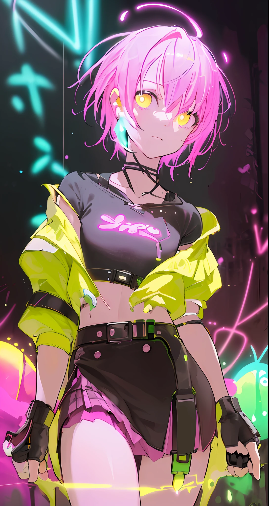 (masterpiece, best quality:1.2), illustration, realistic, absurd, (((bloom, glow, neon))), high contrast, depth of field, dynamic lighting, night, darkness, 1girl, solo, cute, slender, small breasts, delicate facial features, Hip-Hop, pink short hair,  yellow hoodie, pink skirt, yellow eyes, splash paint, graffiti on the wall