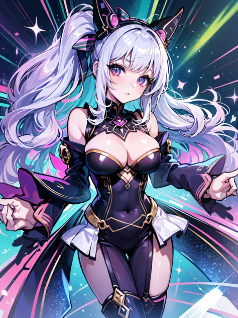 high resolution:1.7,incredibly absurdres,kawaii:1,cute:1.5,hires.fix:1.5,anime visual:1,incredibly fine illustration:1
BREAK
(gyaru,Intricate gyaru fasion),big tits,cleavage,pale skin,open_clothe,shiny_skin,side ponytail, split-color hair,curly hair,(shiny...