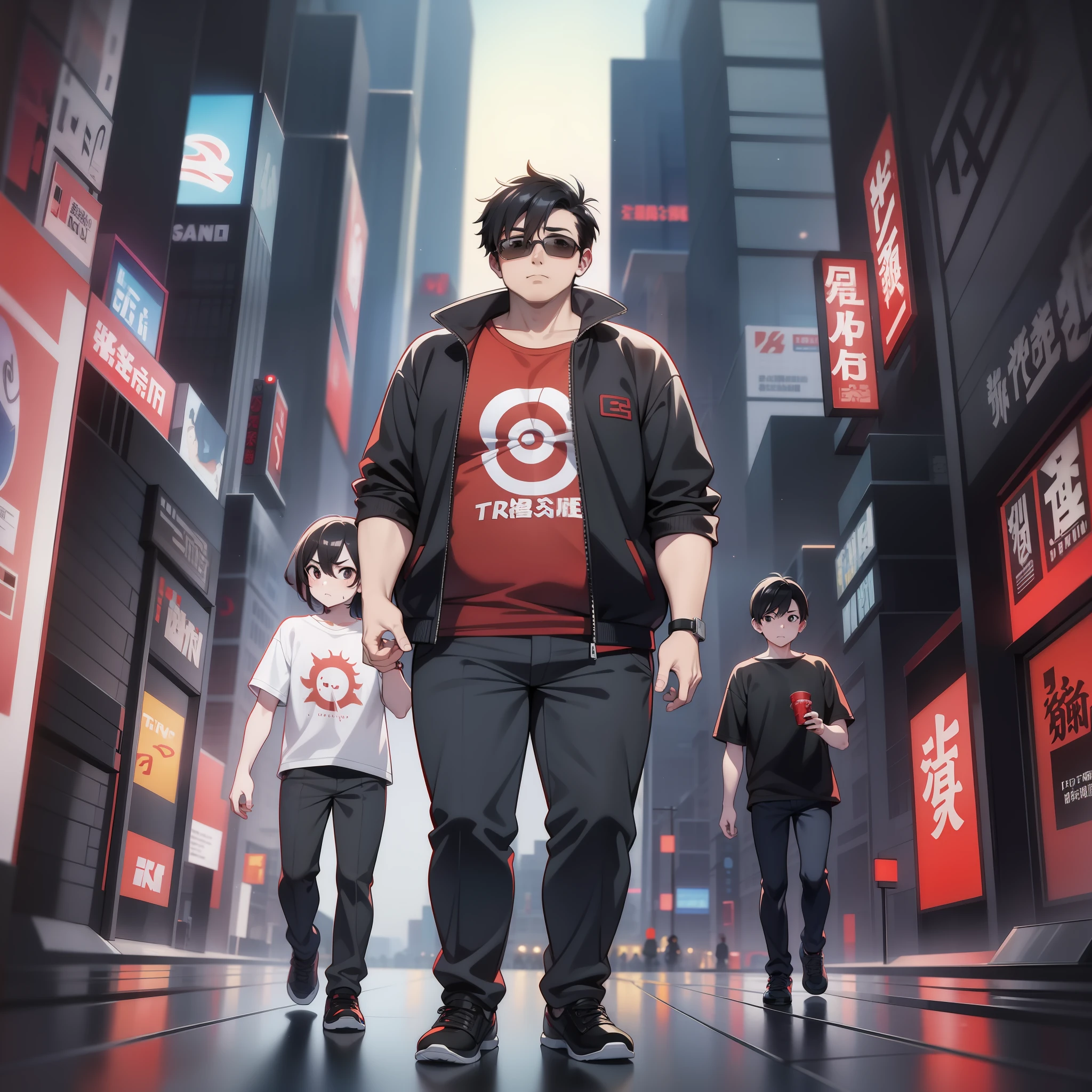 A man, obese: 1.2, red T-shirt, short black hair, black eyes, 2 men standing on the left and right sides of the man, walking on the city streets at night, GTA Chinatowon art style, inspired by Liam Wong, popular in cgstation, Lofi hip hop, Kawacy, inspired by Xi Gang, Tokyo Ghoul, studio trigger anime, official art