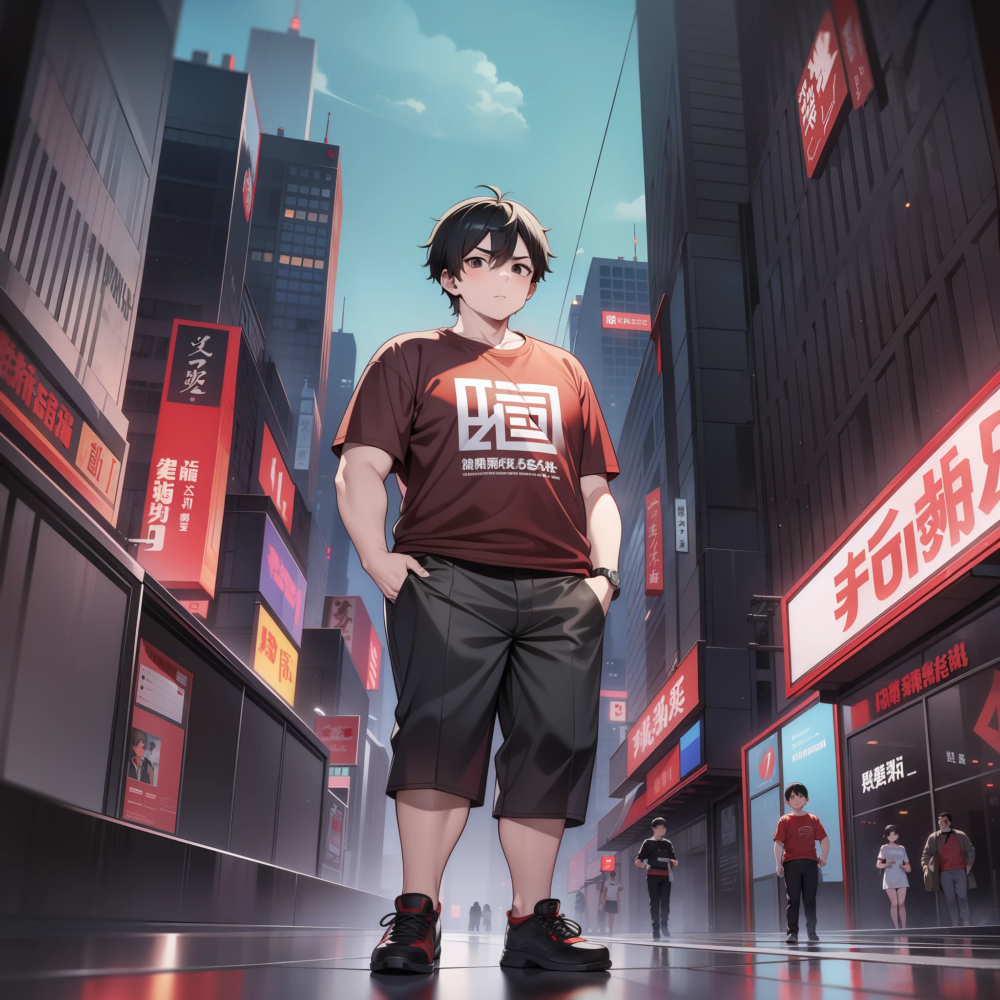 A man, obese: 1.2, red T-shirt, short black hair, black eyes, 2 men standing on the left and right sides of the man, walking on the city streets at night, GTA Chinatowon art style, inspired by Liam Wong, popular in cgstation, Lofi hip hop, Kawacy, inspired by Xi Gang, Tokyo Ghoul, studio trigger anime, official art