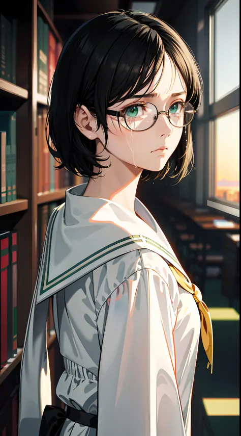 Anime Reference 86, school, atmosphere, alone, woman, girl, green eyes, (very short black hair), (round glasses), general unifor...