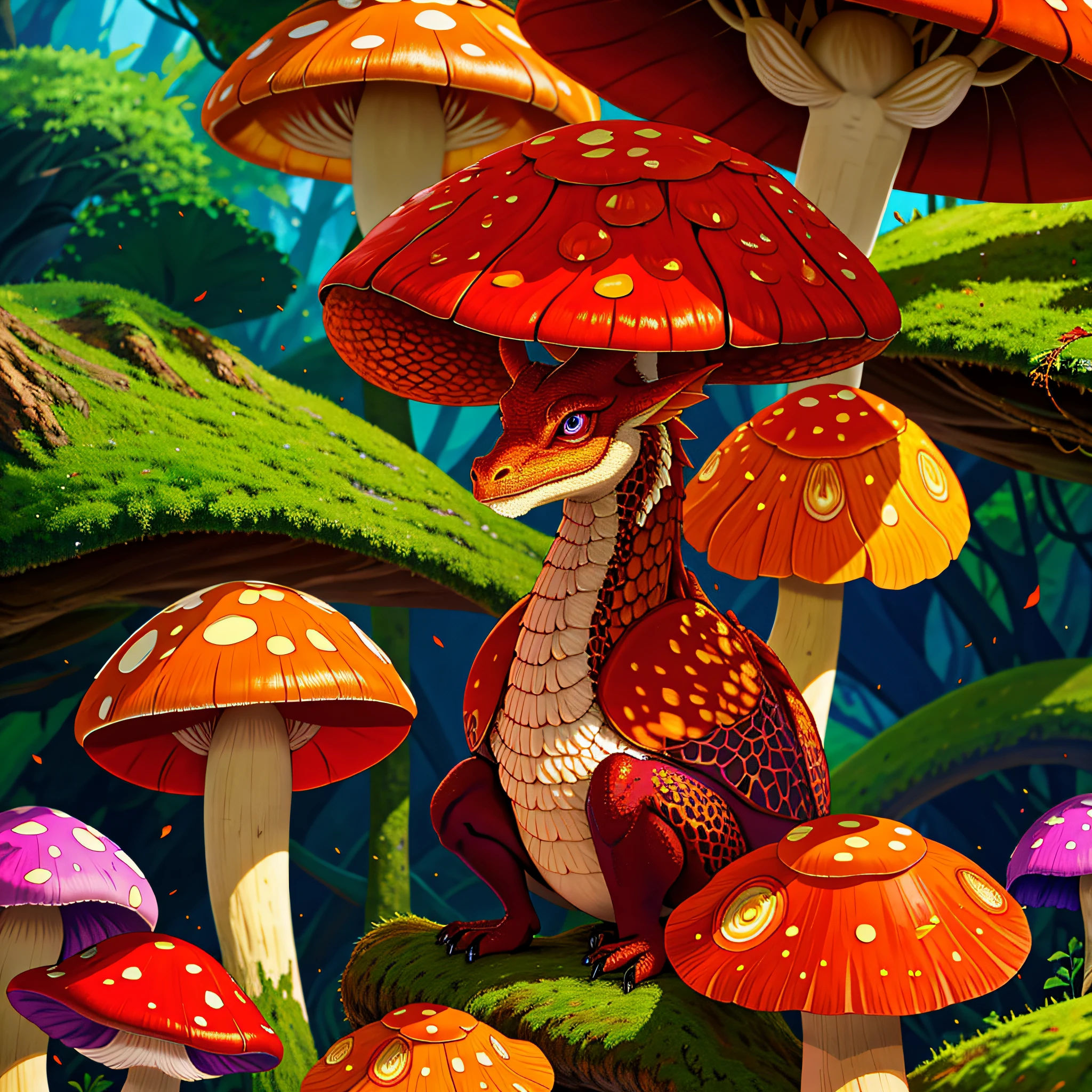 There are many different colored mushrooms and toads in the forest - SeaArt  AI