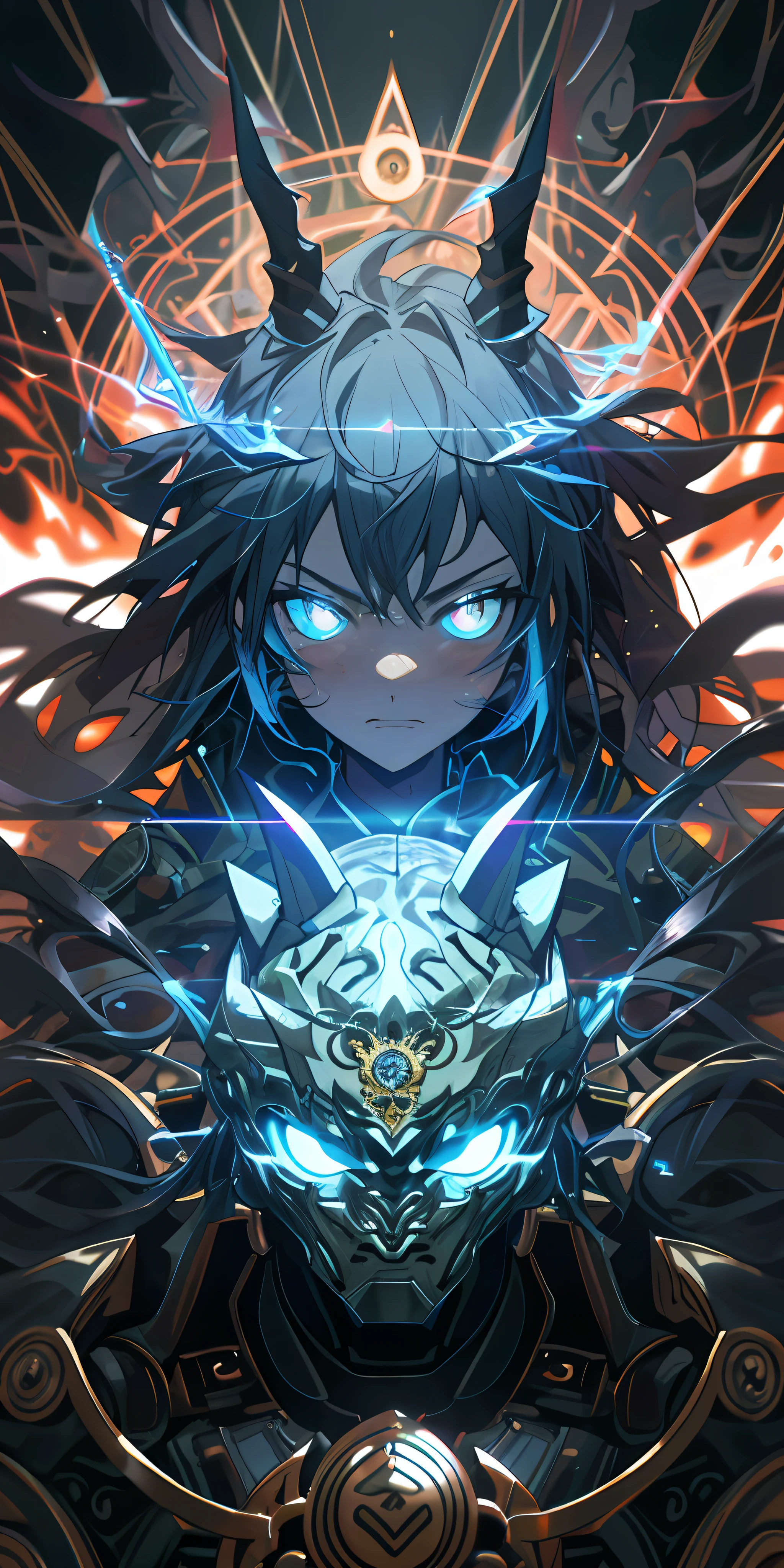 Anime Robot beutiful blue magma skin golem cat girl magic, aesthetic_eyes,  detailed eyes, demon horn, mask - SeaArt AI