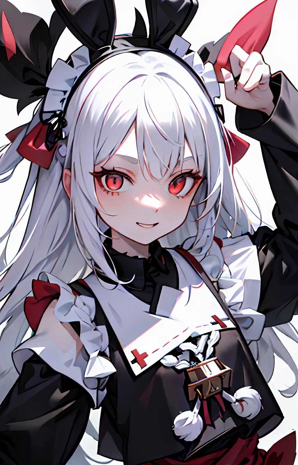 Anime girl with white hair and black and red dress holding a knife ...