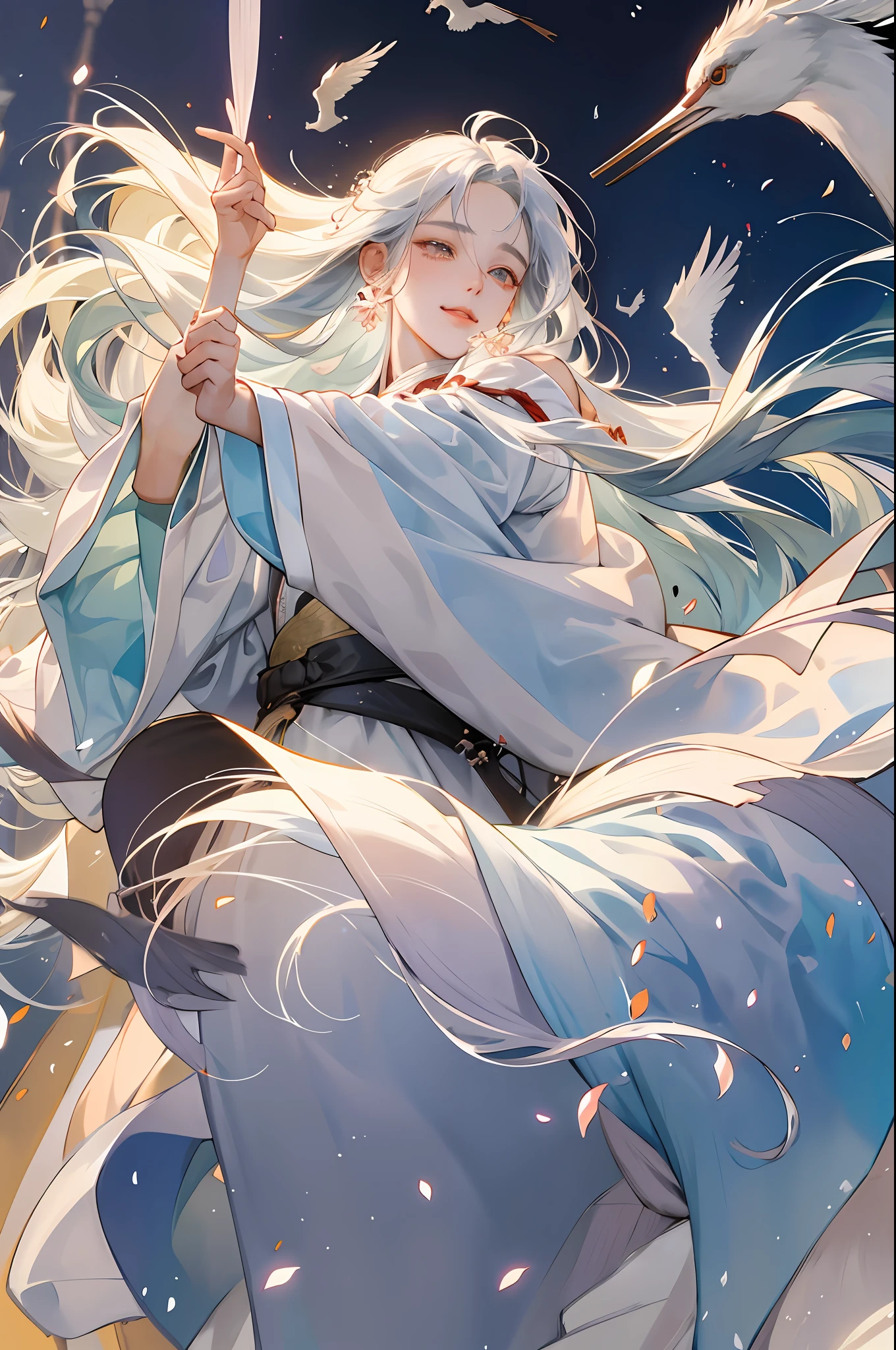 Hanfu, 1 person, mature man, long hair, long bangs, handsome, details of facial features, delicate facial features, wide robe and large sleeves, fairy air fluttering, floating, clouds, cranes, gauze clothes, transparent blouses, smiles, gentle expressions, dust, holy, unrestrained