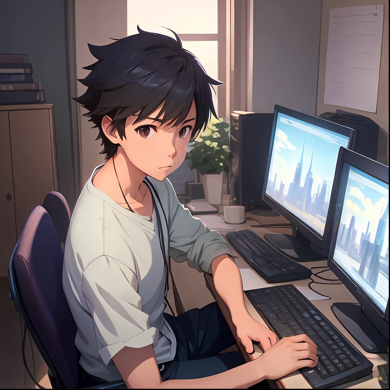 Anime boy sitting at desk, cute boy, holding computer and keyboard, ((Makoto Shinkai)), studio brisk Makoto Shinkai, Guvez style artwork, Makoto Shinkai. Digital rendering, digital anime illustration, kavasi, Makoto Shinkai art style, Makoto Shinkai style, Makoto Shinkai!