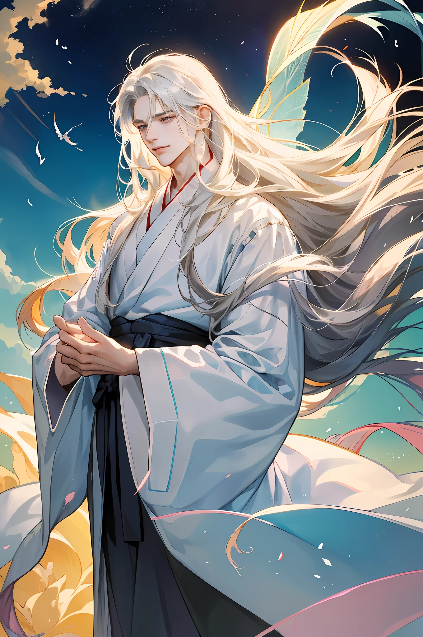 Young man, male, 1boy, Hanfu, 1 person, mature man, long hair, long bangs, handsome, facial features, delicate facial features, wide robe and big sleeves, fairy air fluttering, floating, clouds, fairy cranes, gauze clothes, transparent blouses, smiles, gentle expressions, dusty, holy, unrestrained