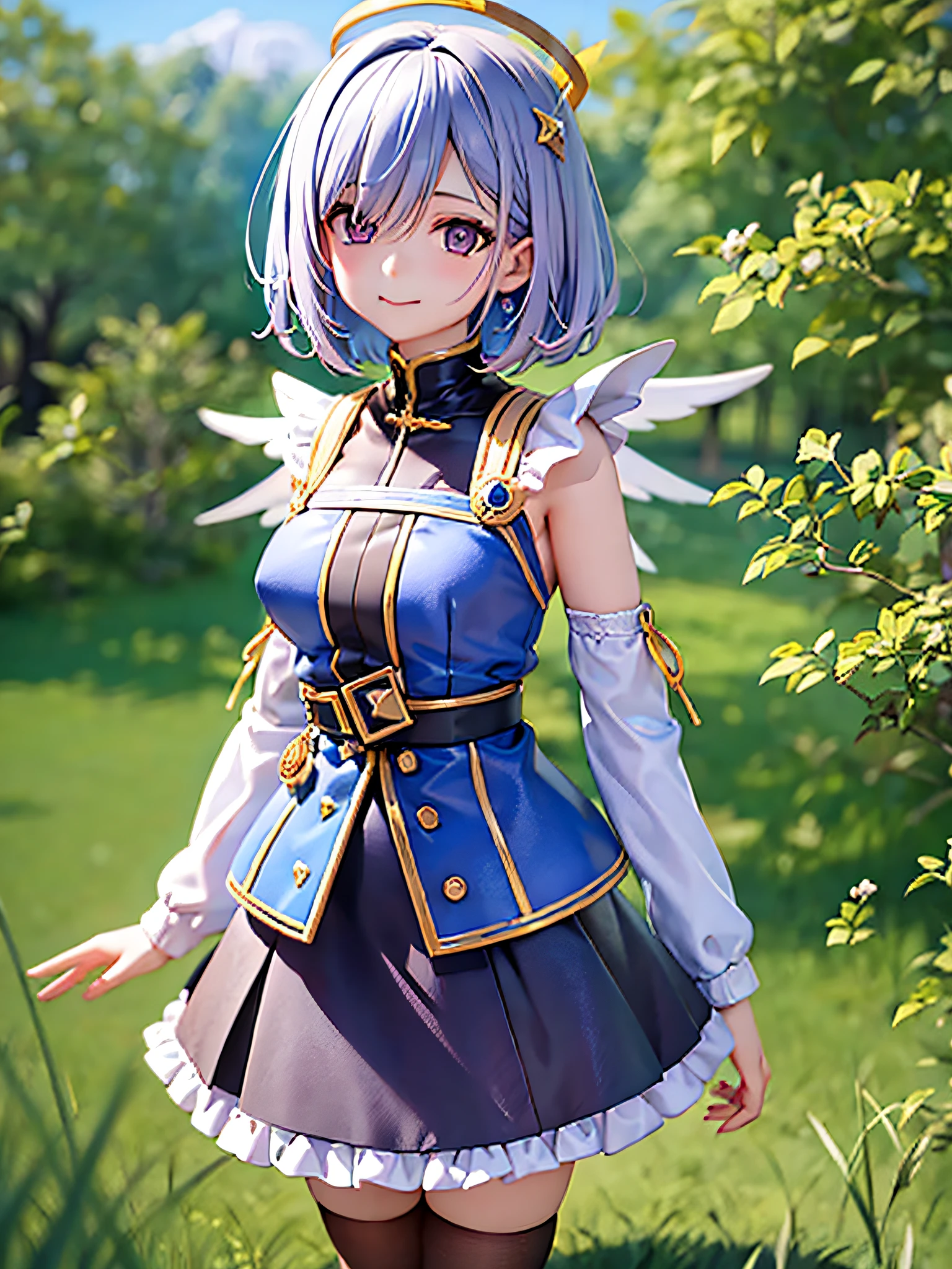 girl, amane kanata, star halo, solo, halo, angel wings, multicolored hair, asymmetrical hair, single hair intake, purple eyes, armband, 
BREAK
short hair, blue hair, grey hair, socks, long sleeves, grey jacket, bob cut, streaked hair, bangs, frills, wide sleeves, white wings, 
BREAK
black skirt, hair over one eye, frilled skirt, blue socks, sleeves past wrists, turtleneck dress, miniskirt, blue wings, cowboy shot, walking, garden,
BREAK
full body, chibi, [realistic], [3d], (3dcg), ((octane render)), [fisheye], smile, closed mouth, full body
BREAK
(8k, RAW photo, best quality, masterpiece:1.2), ultra high res, (((realistic, photo-realistic))), professional lighting, detailed lighting, professional photography, fisheye, dynamic angle, high quality, high res, extremely detailed, bloom
BREAK
depth of field, sketch, sharp focus, soft lighting, good composition, god light highlight, detailed, (((photorealistic details))), detailed skin, to8contrast style