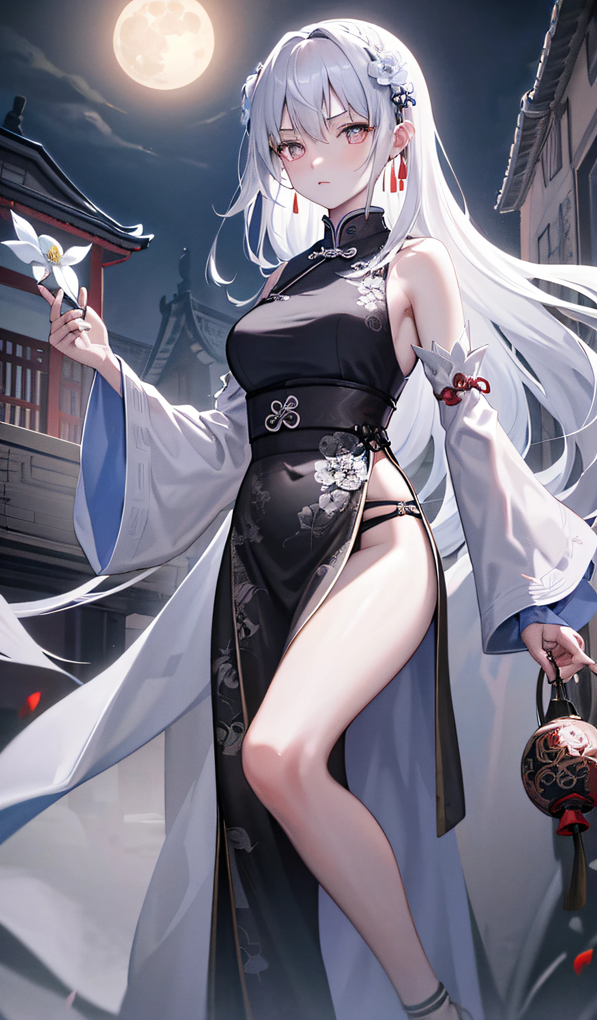 Masterpiece, Best, Night, Full Moon, 1 Female, Mature Woman, Chinese Style, Ancient China, Elder Sister, Royal Sister, Cold Face, Expressionless, Silver White Long Haired Woman, Pale Pink Lips, Calm, Intellectual, Three Belts, Gray Hitomi, assassin, dagger, flower ball background, street view