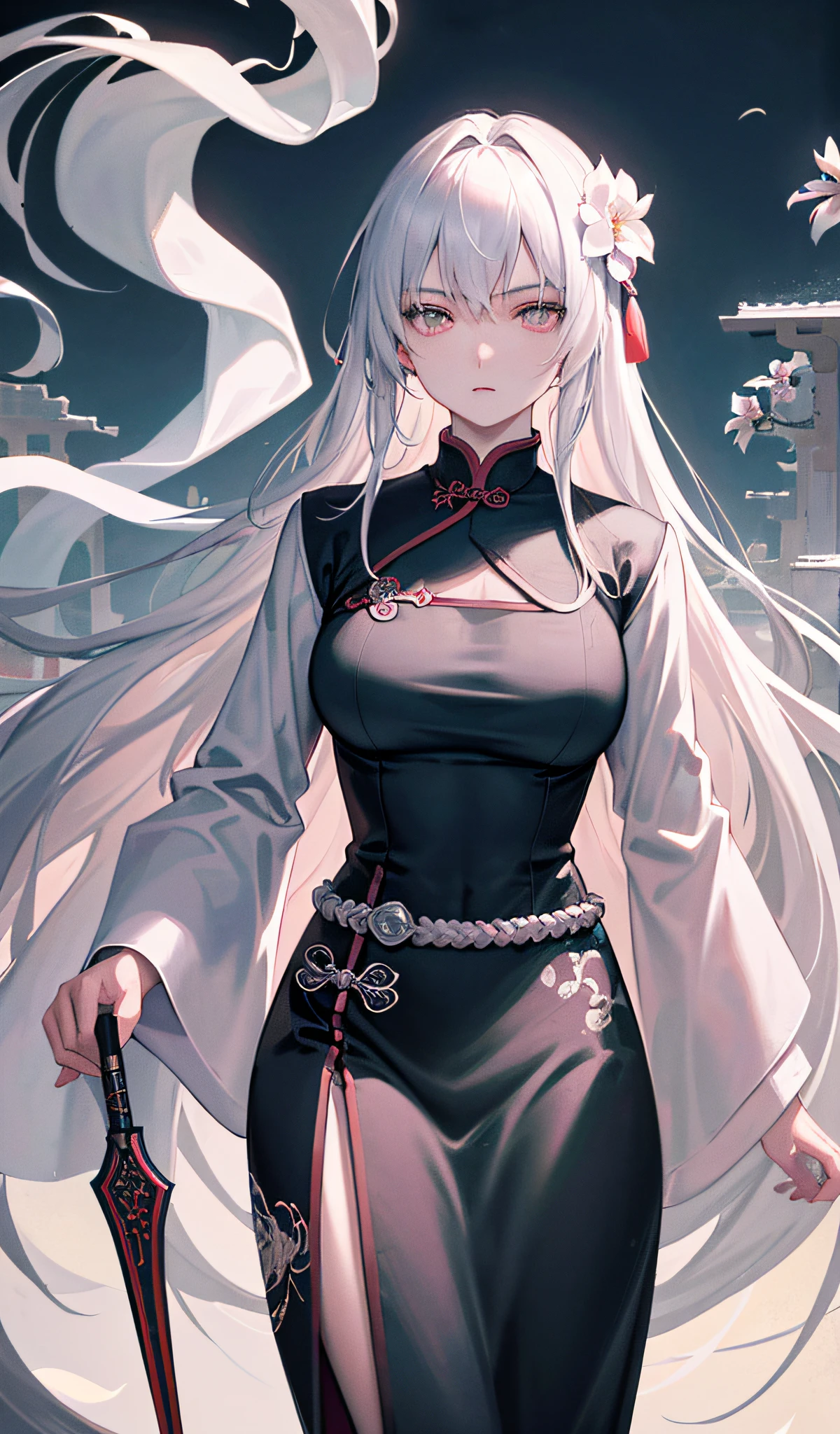 Anime girl with long white hair and a sword in her hand - SeaArt AI