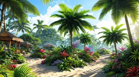 photoreal, photo, bright sunlight, very sunny, summer sun, concept art, fantasy, tropical jungle, tropical beach, alien tropical...