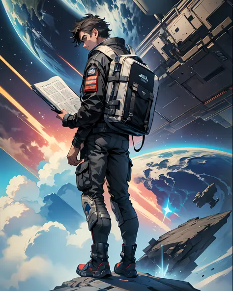 Face clear, eye clarity, detail, ultra high definition, 8K, masterpiece, high quality, detailed, rotating space station, asteroid belt, nebula, junior, muscular, standing on architecture, face back, looking at the audience, tech suit jacket, short messy ha...