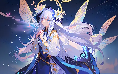 (best quality, masterpiece),  (1girl, solo, golden pattern hood, expression face, looking away, walking, wide sleeves, blue eyes, closed mouth, spread hand, long hair, upper body), , (night sky ,light rising from the bottom, flower field, glowing butterfly...