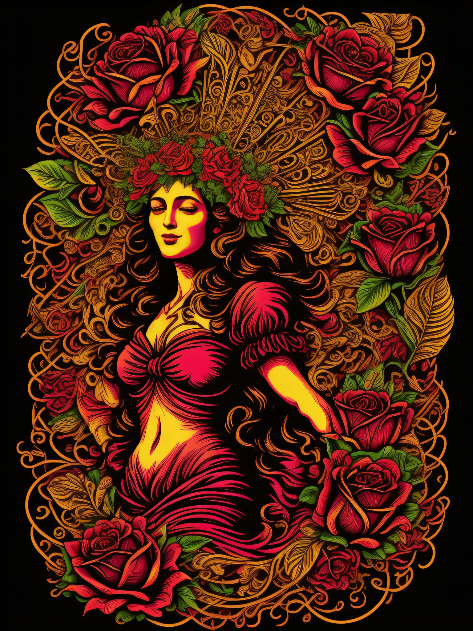 (High quality Chicano airbrush art),(masterpiece, best quality, ultra-detailed),8K resorution,(black background),((richly colored)),((brightly colored)),(full-length portrait),(symmetrical),(Vertical symmetry),(Our Lady of Skulls)),((large Roses symmetrically placed on both sides)),t-shirt design,(religious symbolism),(inspired by Holy Mary),(detailed additions),(iconography)