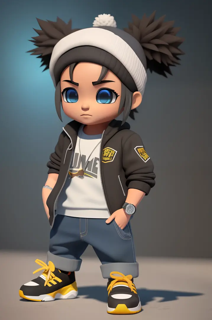 Create a 12K resolution of a 3D [gritty Hip Hop] chibi style character in detailed full body, highly detailed, vibrant, ultra high quality, Hyperrealism, Photorealism, [octane render]