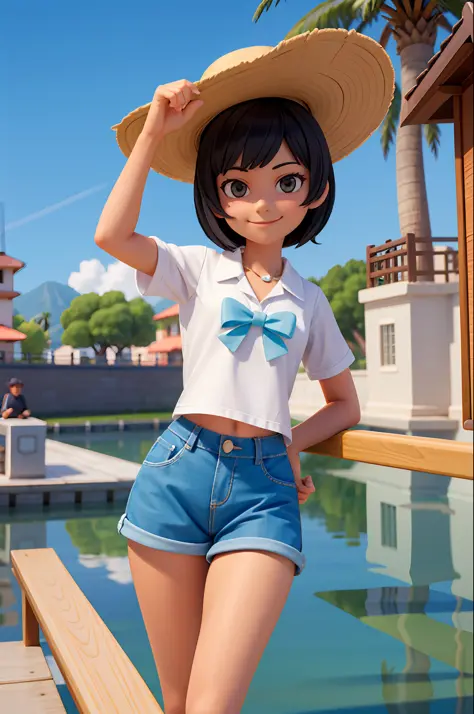 black hair, short hair, smile, masterpiece, top quality, 1 woman, sunshine, yacht harbor, sea, cowboy shot,