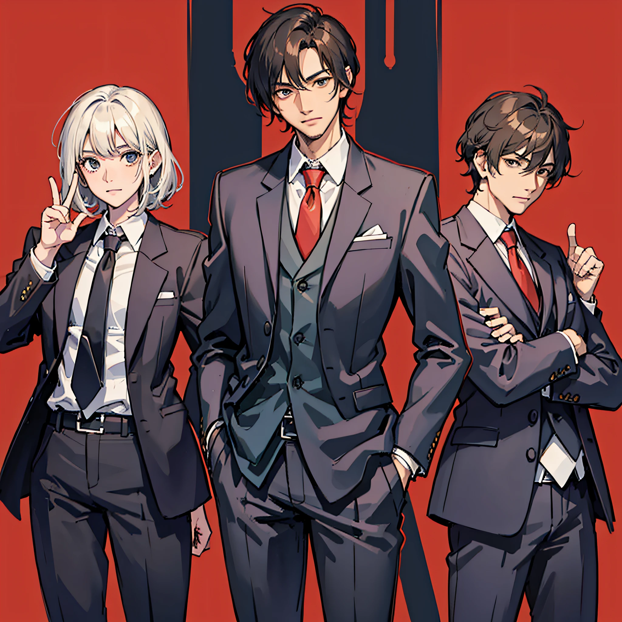 Trio of suit and tie, dynamic pose, with red background