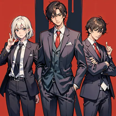 trio of suit and tie, dynamic pose, with red background