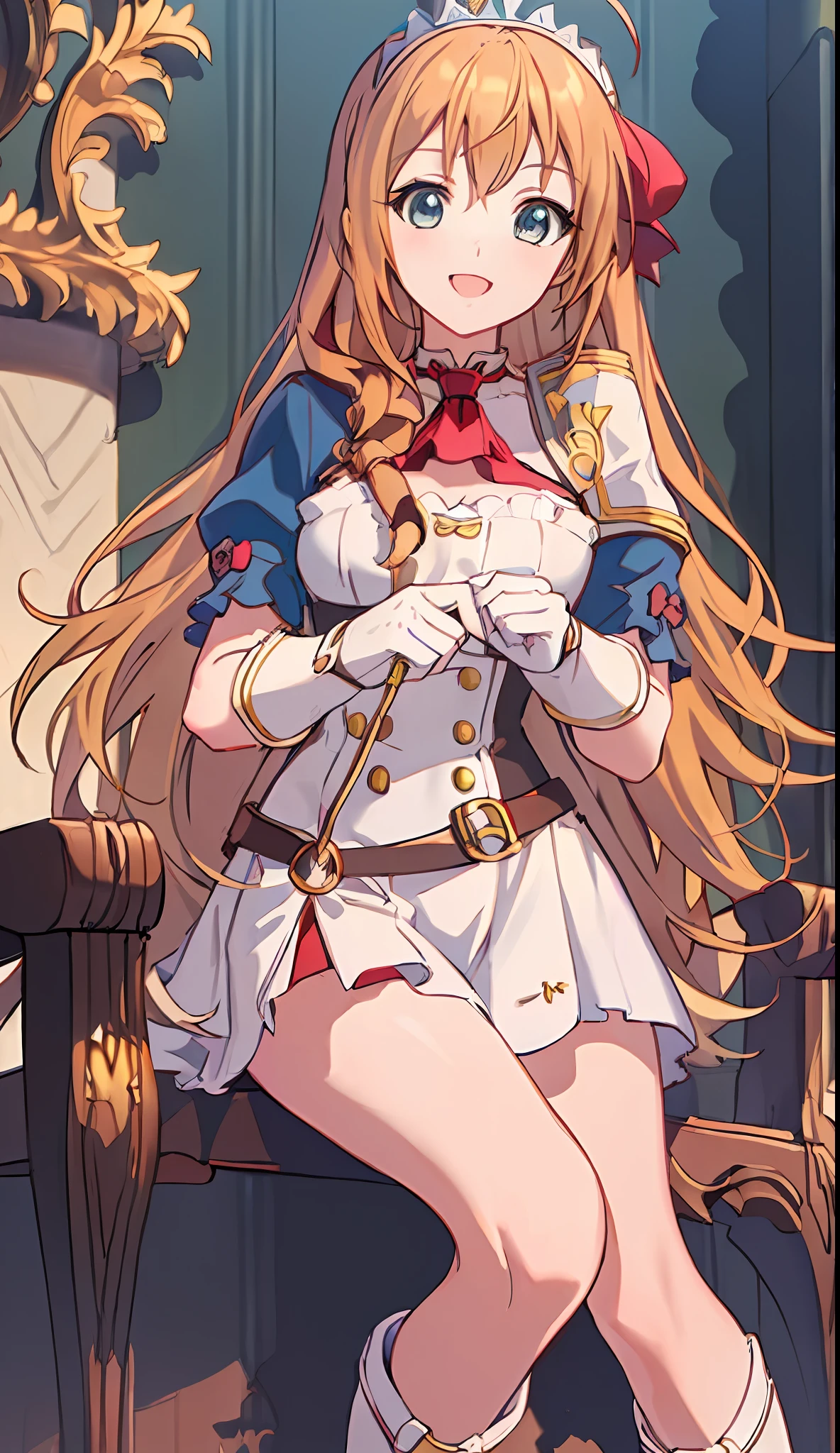 (((Masterpiece)))), (((Best Quality)))), (((Very detailed))), Precise fingers, Not too many fingers, Non-unnatural hands, Illustration, Ahoge on the top of the head, 1 girl, Solo, Golden Long Hair, Red Miniskirt, White Boots, Pecorine,