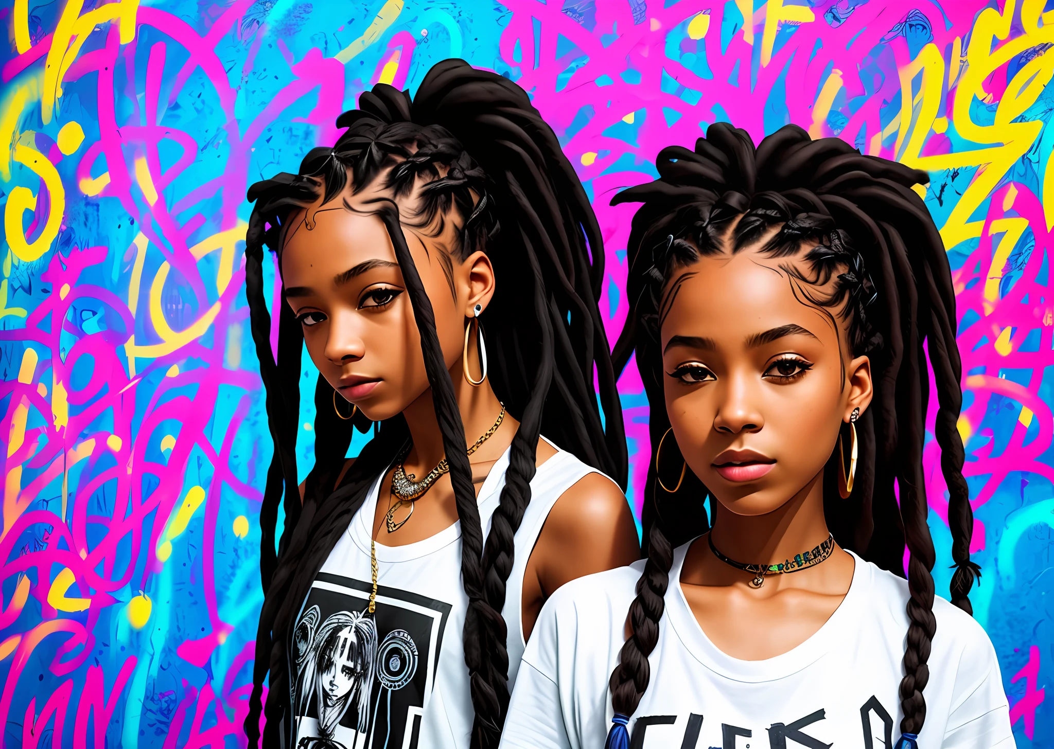 Dos chicas jóvenes con rastas paradas frente a una pared de graffiti -  SeaArt AI