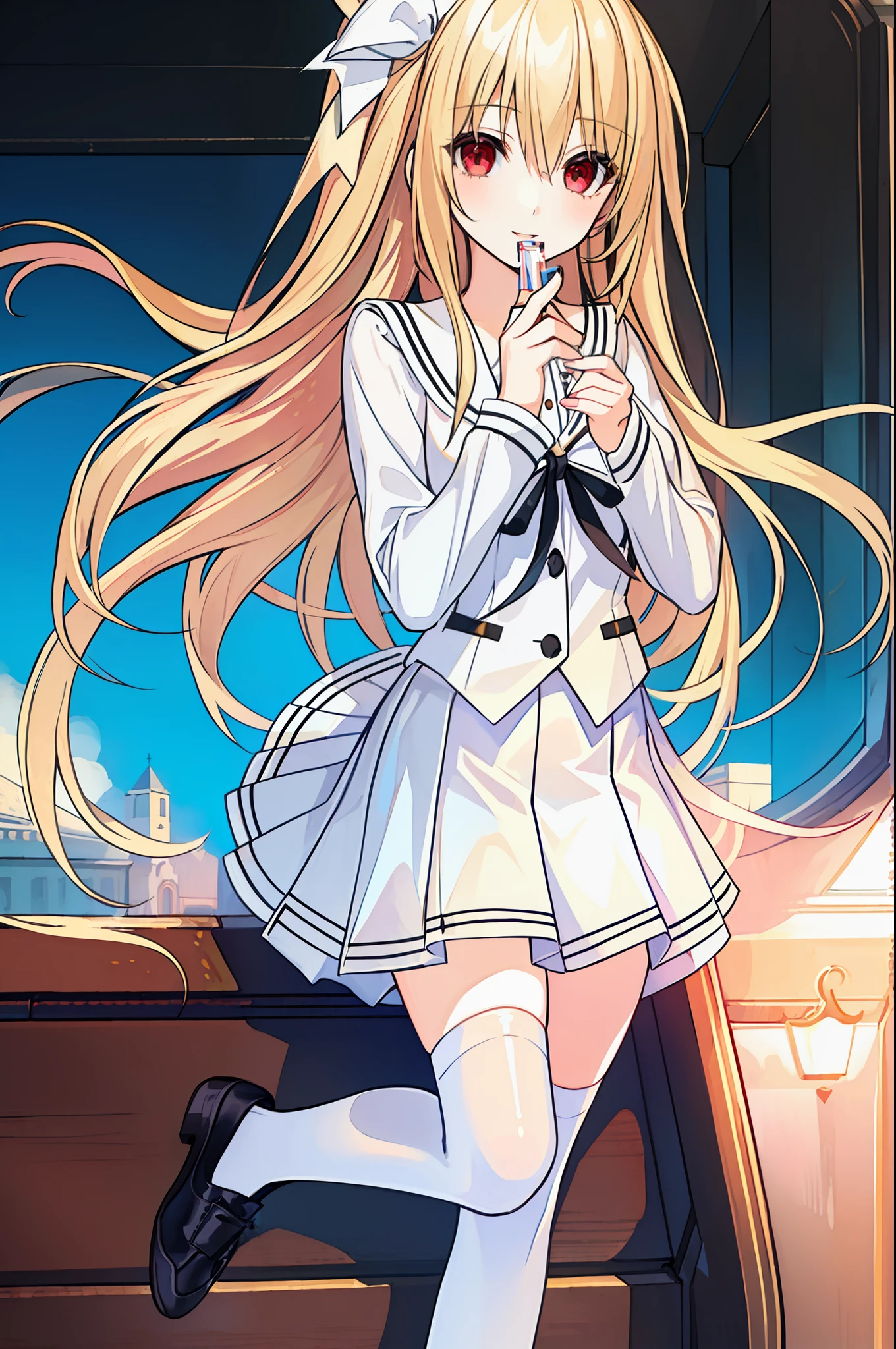 Anime girl dans une robe blanche et des chaussures noires debout sur un  escalier - SeaArt AI