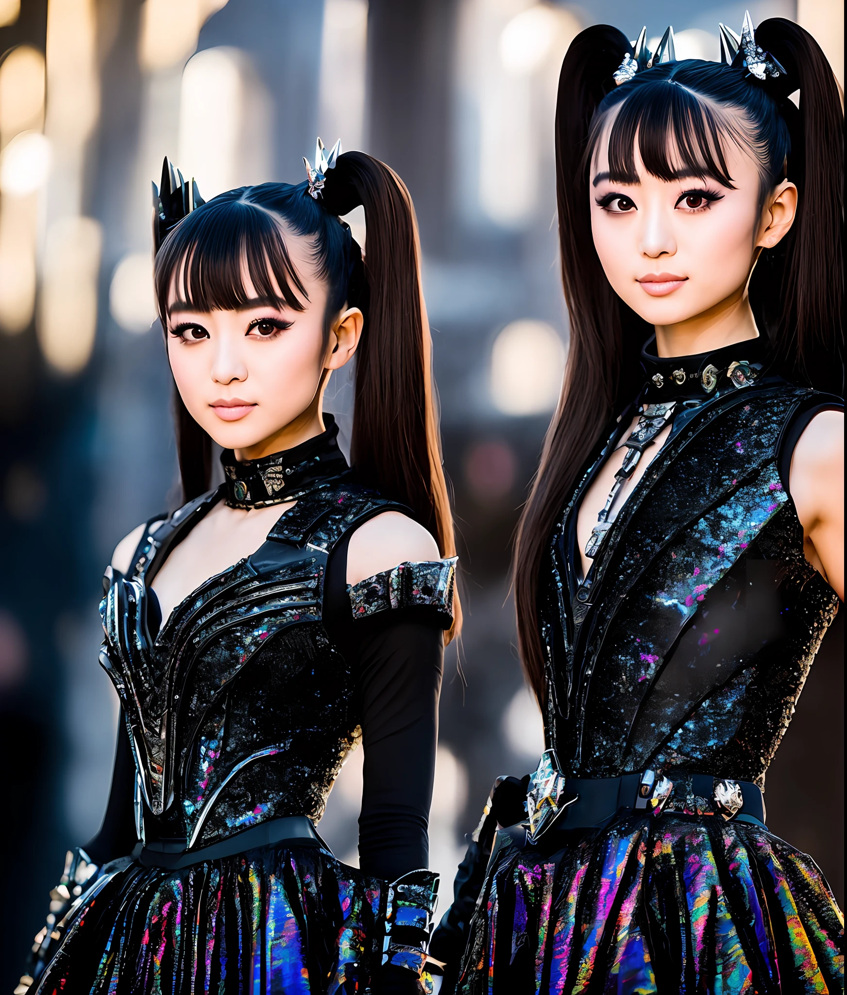 RAW photo, hyper real photo of moametal japanese woman with with twintails hair in black dress with iridescent reflections sequined outfit that glimmers in the light, futuristic gothic style, black lether and steel studs, open chest, space galaxy in background, metal rock music concert, heavy metal style, pixiv contest winner, precisionism, official art, high resolution, uhd image, best quality masterpiece, photorealistic, detailed, 8k, HDR, shallow depth of field, broad light, high contrast, dark background with ancient temple, old stone statues of fox god, backlighting, bloom, light sparkles, chromatic aberration, sharp focus, RAW color photo, film still, Film-like, bokeh, 3d, cinematic lighting, 8k resolution, Nikon 85mm, Award Winning, Glamour Photograph, extremely detailed, high quality, film grain