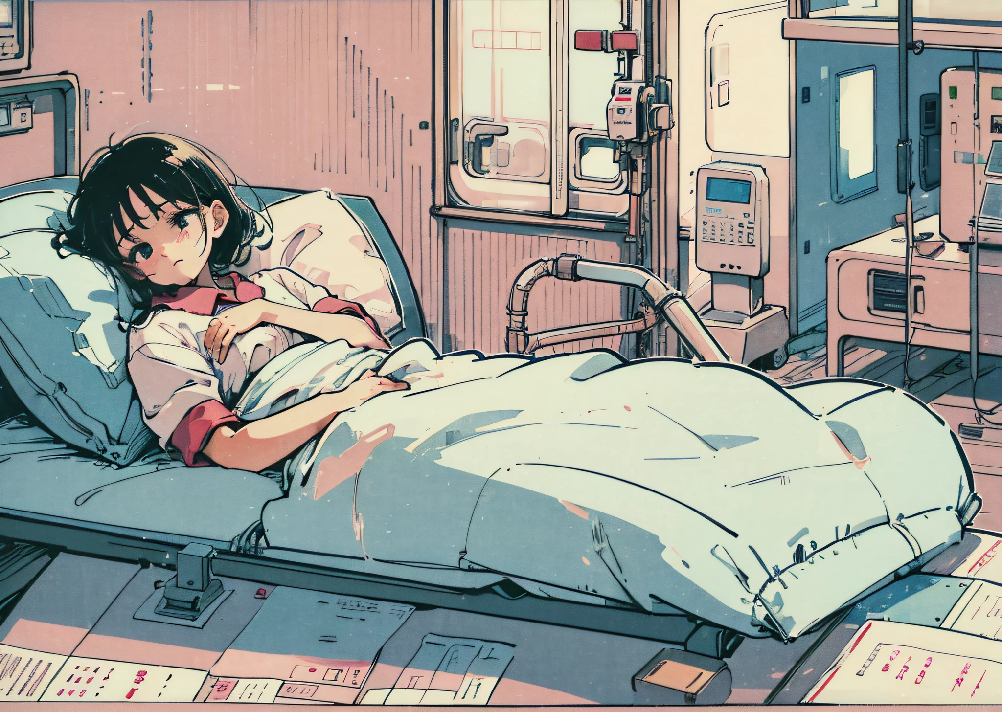 (Meilleure qualité), (Super détaillé), illustration, fille, Malade, hôpital, triste, assis dans son lit, Vision latérale, équipement médical, Environnement stérile, --auto --s2
