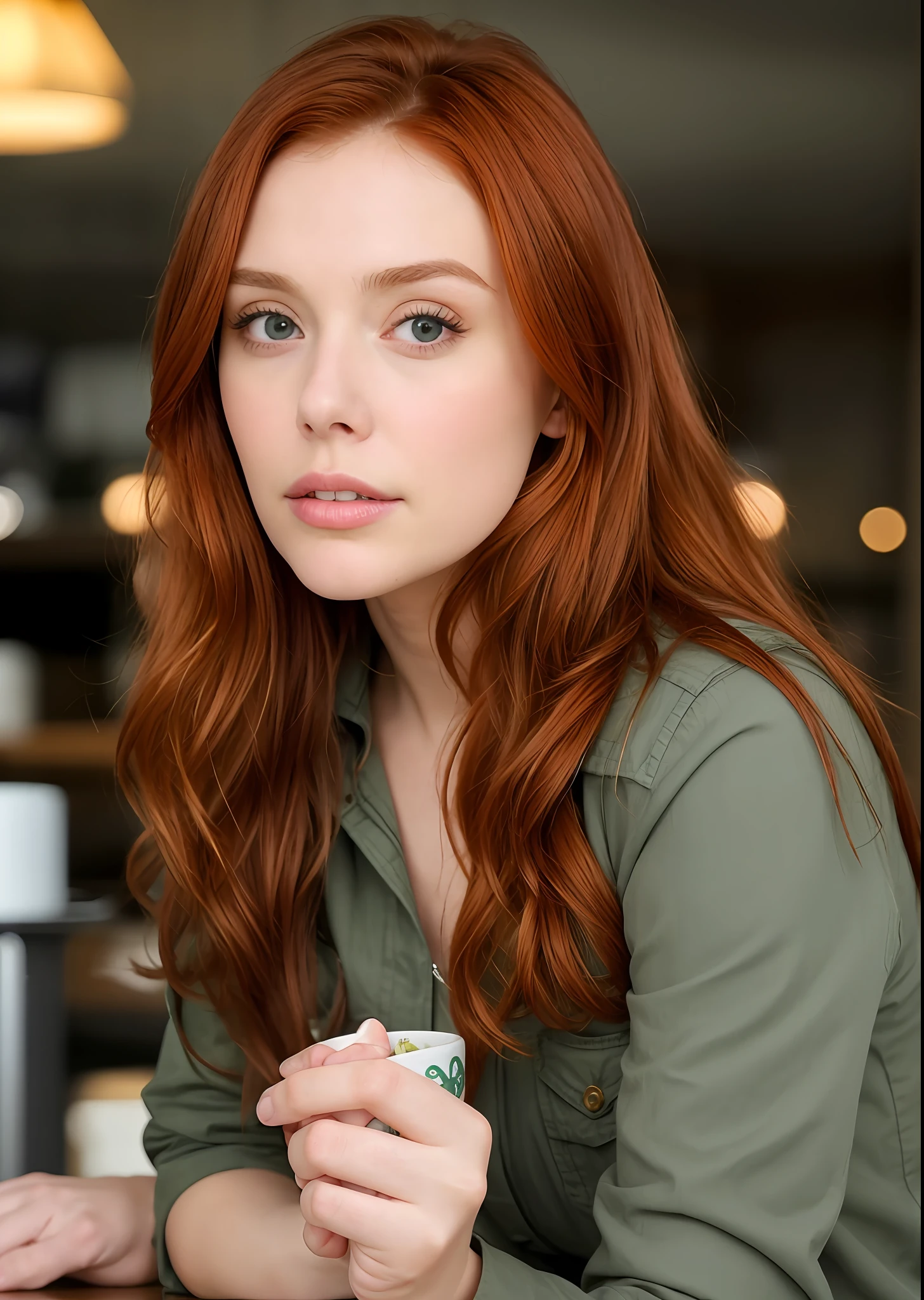 Low angle photo of a gorgeous redhead Elizabeth Olsen, realistic skin texture, looks up, moss green leather jacket and jeans, 8 5 mm art lens, f 1. 2, sharp focus, 8K high definition, insanely detailed, intricate, elegant, art by Stanley Lau and Artgerm, 1970s, bar setting, leaning against the table, coffee cup There is a woman with red hair and a black shirt, Amouranth, with red hair, better known as Amouranth, young Beautiful Amouranth, flowing ginger hair, Aleksandra Waliszewska,  long bright red hair, a young redhead, Anastasia Ovchinnikova, Yelena Belova, with wavy red hair