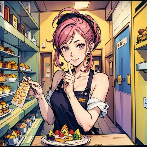 A beautiful female pastry chef smiles. Inside a colorful cake shop. in anime style. --auto --s2