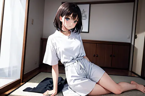 in a rather stooped, tight simple clothes, looking from behind, in a white short dress, in an apartment in japan,