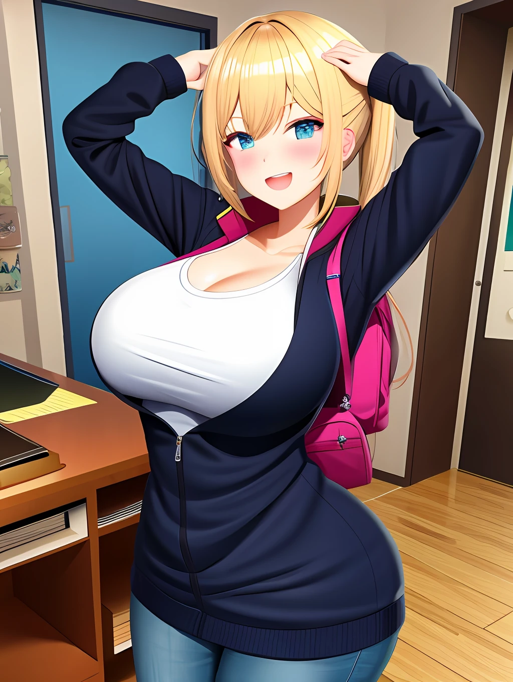 Anime girl with big breast posing in a room with a backpack - SeaArt AI