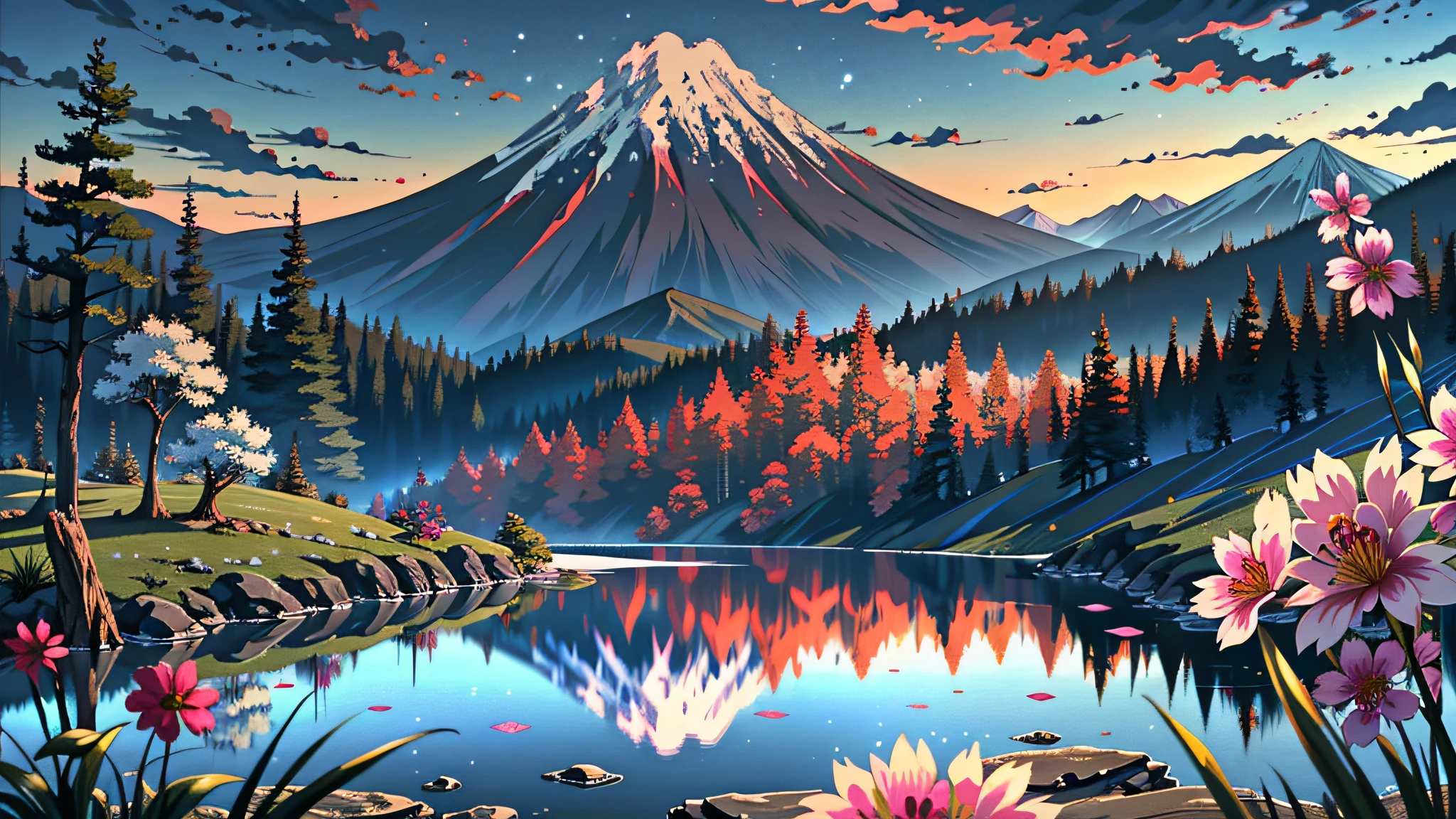 best quality, masterpiece, extremely detailed, detailed background, anime, 1girl, young girl, short girl, hands down, kimono, retro, mount fuji lansdscape, outdoors, sunset, beautiful sky, lake picnic, landscape, scenery, horizon, mountain sitting near mountain, wind, flower petal, looking away, atmospheric lighting, solo focus, close up, from side, depth of field, bokeh