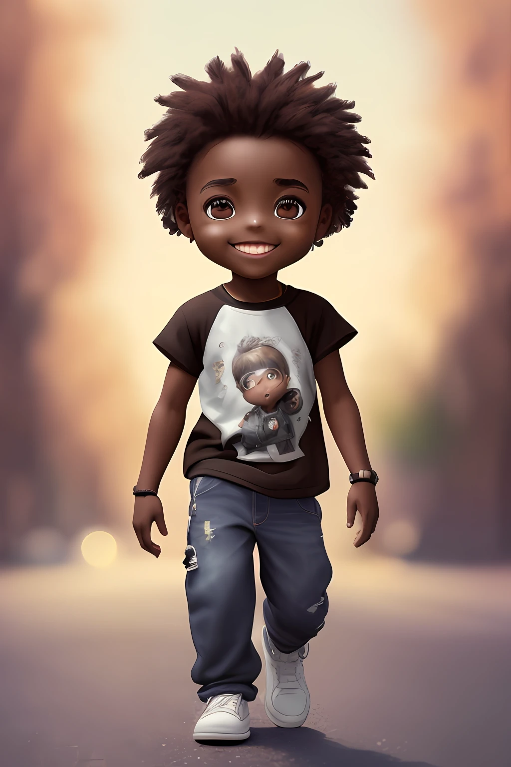 A cartoon boy with a t - shirt and jeans walking down a street - SeaArt AI