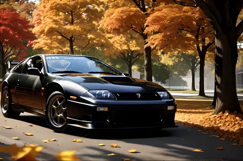 300zx, black,rally car parked on a street covered with leaves in autumn in a (city:1.3), fall, global illumination, volumetric l...