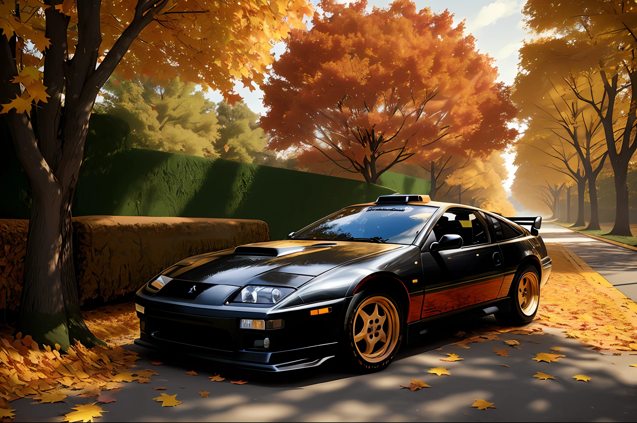 300ZX, black,rally car parked on a street covered with leaves in autumn in a (city:1.3), fall, global illumination, volumetric lighting, best quality, highly detailed, cgi, illustration, octane render,