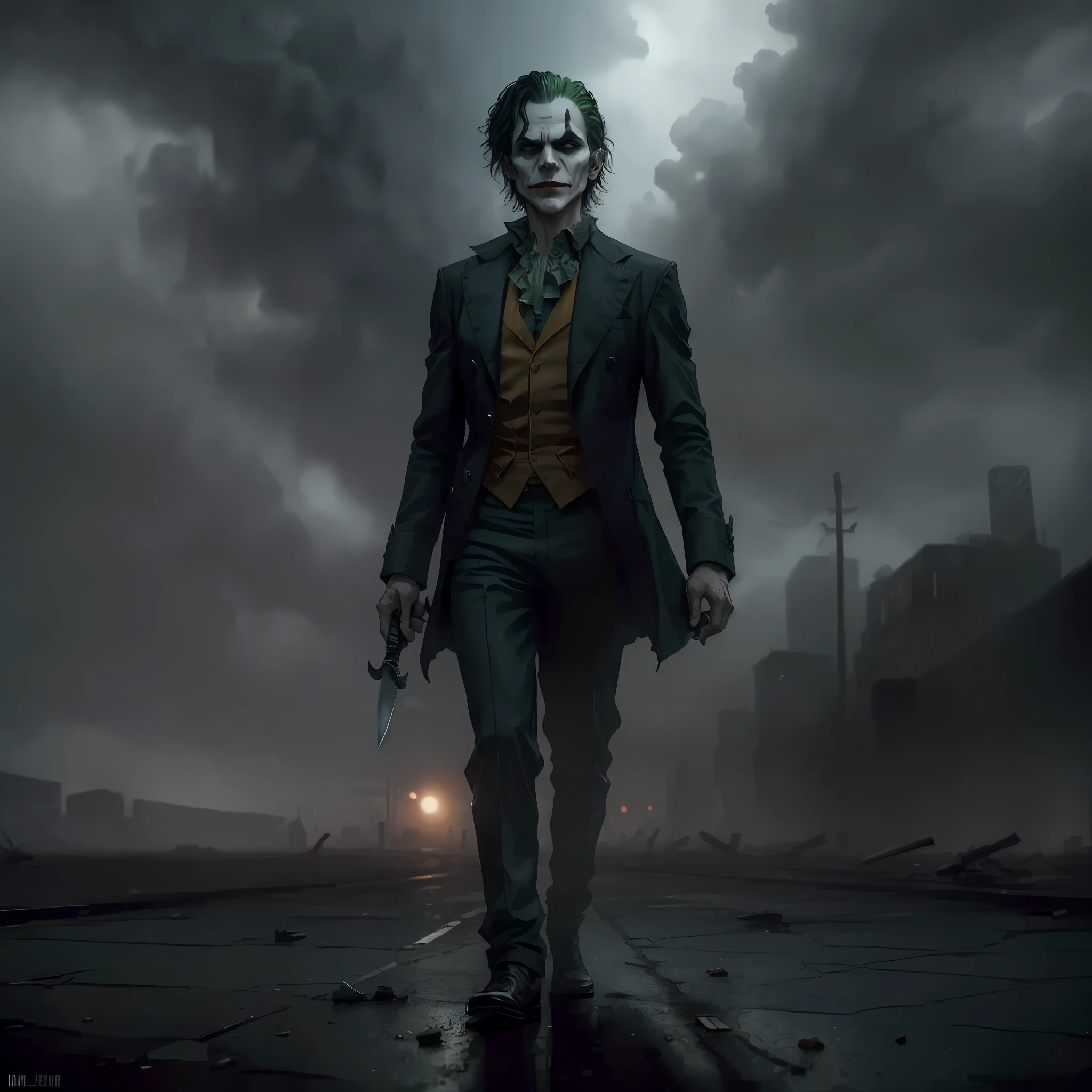 Please create a full-body image of the Joker, representing his unpredictable and dangerous personality. He must be slightly bent forward and staring at the camera with a look of madness in his eyes. In his hands, he must hold a knife, symbolizing his violent nature. Think of elements that can accentuate the atmosphere of tension and chaos, such as gloomy lighting and a desolate urban setting. What can you create for me? --auto --s2