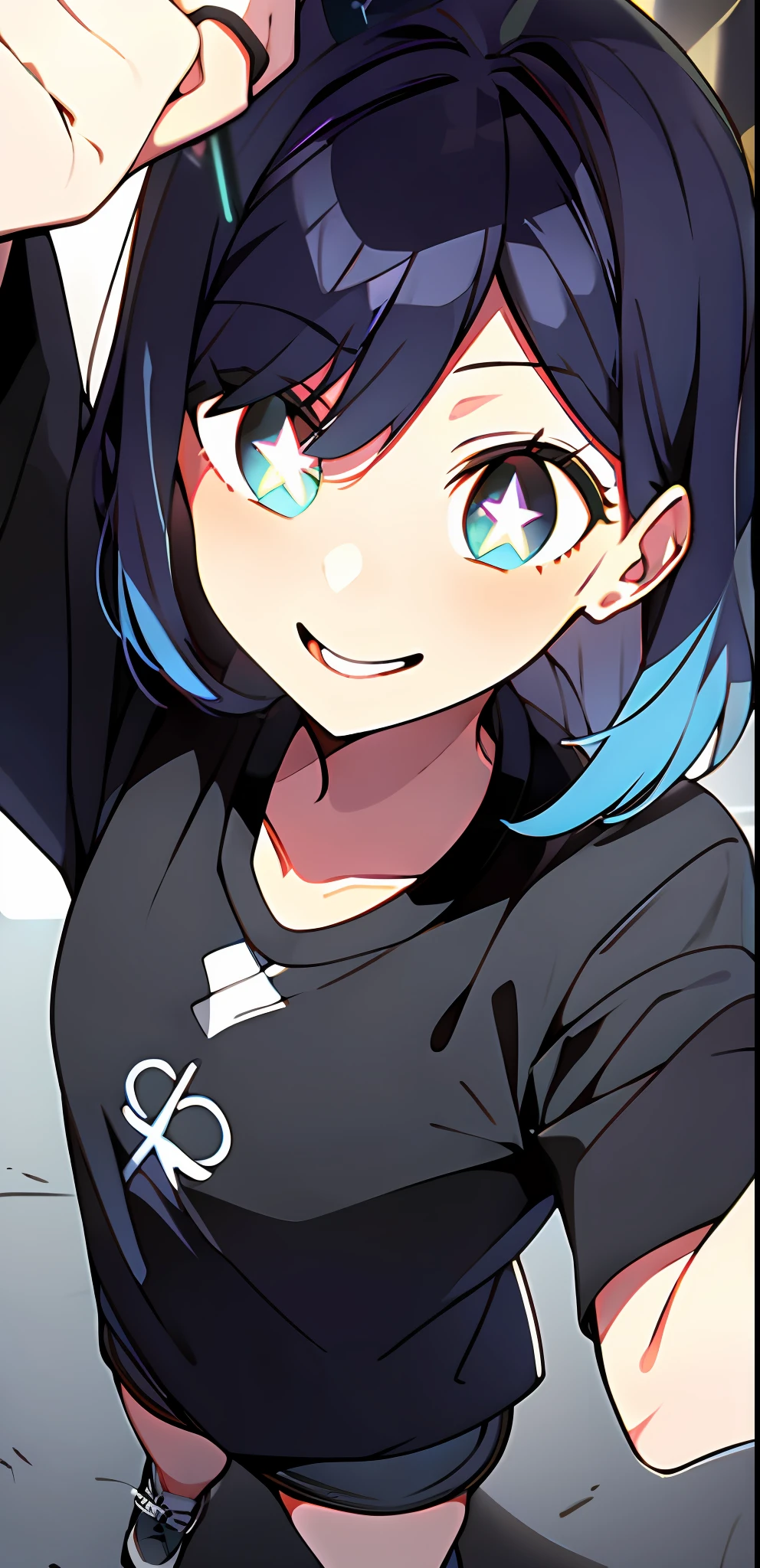 kurokawaakane\(1zgame\),1girl, solo,stage,looking at viewer,8k, beautiful lighting,symbol-shaped_pupils, sparkling_eyes, star-shaped_pupils, star_(symbol), selfie, smiling mouth open, black shirt, full body