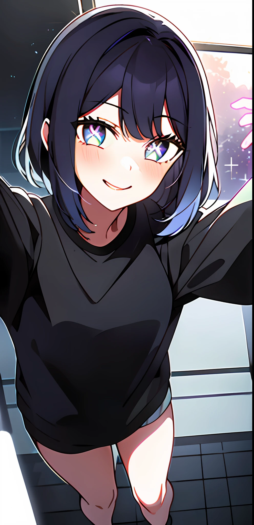 kurokawaakane\(1zgame\),1girl, solo,stage,looking at viewer,8k, beautiful lighting,symbol-shaped_pupils, sparkling_eyes, star-shaped_pupils, star_(symbol), selfie, smiling mouth open, black shirt, full body