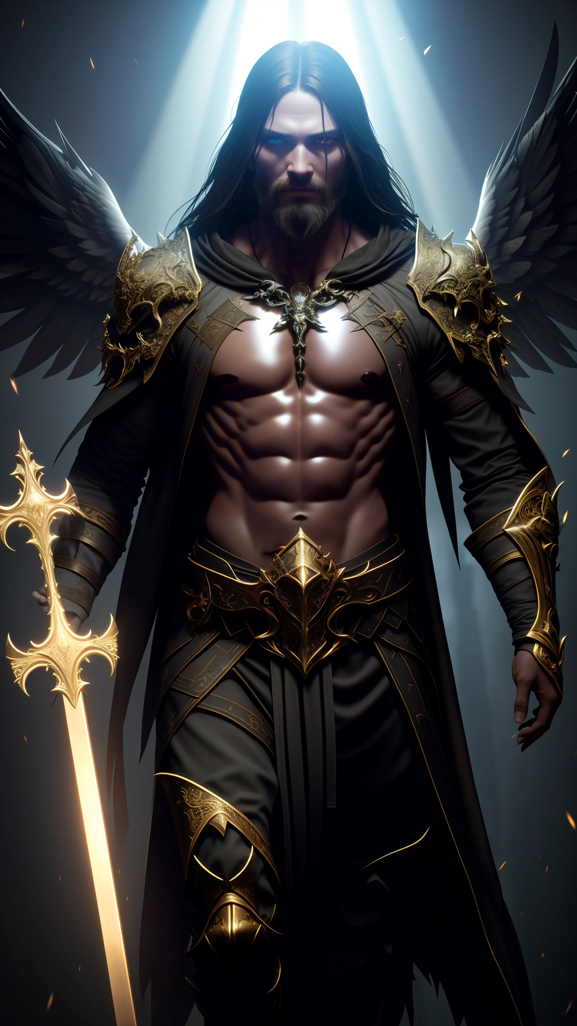 dark, (ashenhard style: 1.1),, a male angel, with beams of light enveloping his body, his feathered wings are open, a golden halo over his head, muscular, beard, masculine, embraced with a beautiful woman, with a sword in hand, masterpiece, best quality, intricate detail, absurd, high detail color RAW Photo, highly detailed, rough lighting, cinematic lighting,  detailed eyes, distinct pupils, contrast, textured skin, cold skin pores, hard light, gigapixel, visible feet, flawless face, 8k resolution, beautiful, cinematic, elegant, hyperrealistic, octane render, unreal, high definition, 8k resolution, highly detailed, 8k uhd, professional lighting, photon mapping, radiosity, physics-based rendering, perfect face, detailed face and body, award-winning photography, detailed face, backlight,  ultra-realistic, ray tracing, intense gaze, cinematic lighting