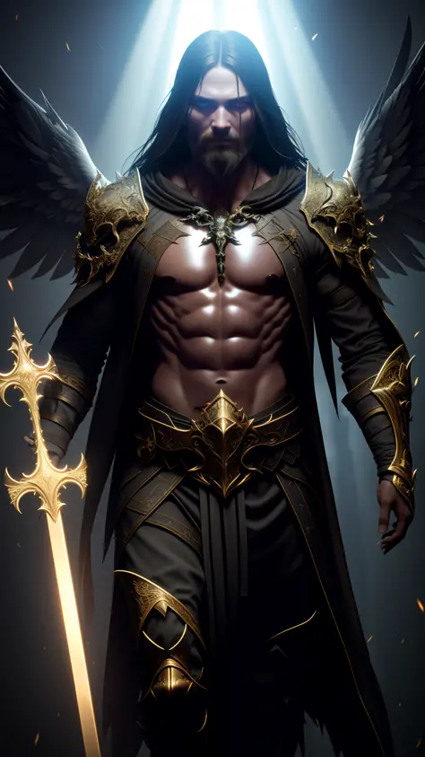 dark, (ashenhard style: 1.1),, a male angel, with beams of light enveloping his body, his feathered wings are open, a golden hal...