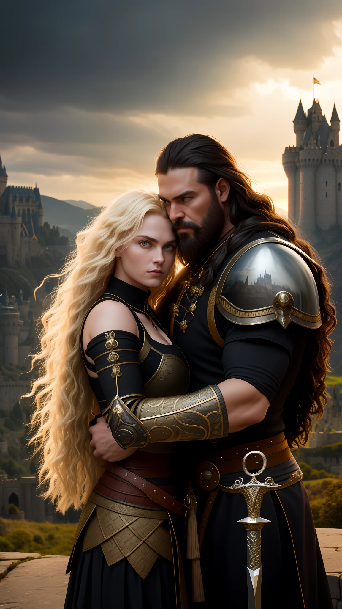 Strong man hugging with woman black hair, holding sword, long blonde hair, sexy, warriors, beard, muscular, beautiful woman black hair, masterpiece, best quality, intricate detail, absurd, high detail color RAW Photo, highly detailed, rough lighting, cinematic lighting, castle in the background, dragon flying in the sky