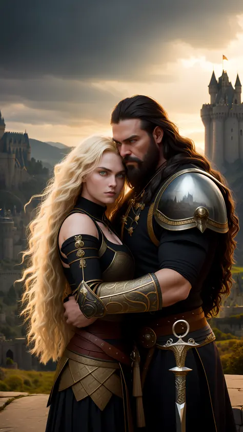 Strong man hugging with woman black hair, holding sword, long blonde hair, sexy, warriors, beard, muscular, beautiful woman blac...